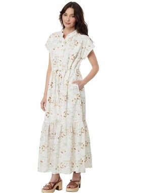 Women's White Floral Tiered Maxi Dress with Tie Waist